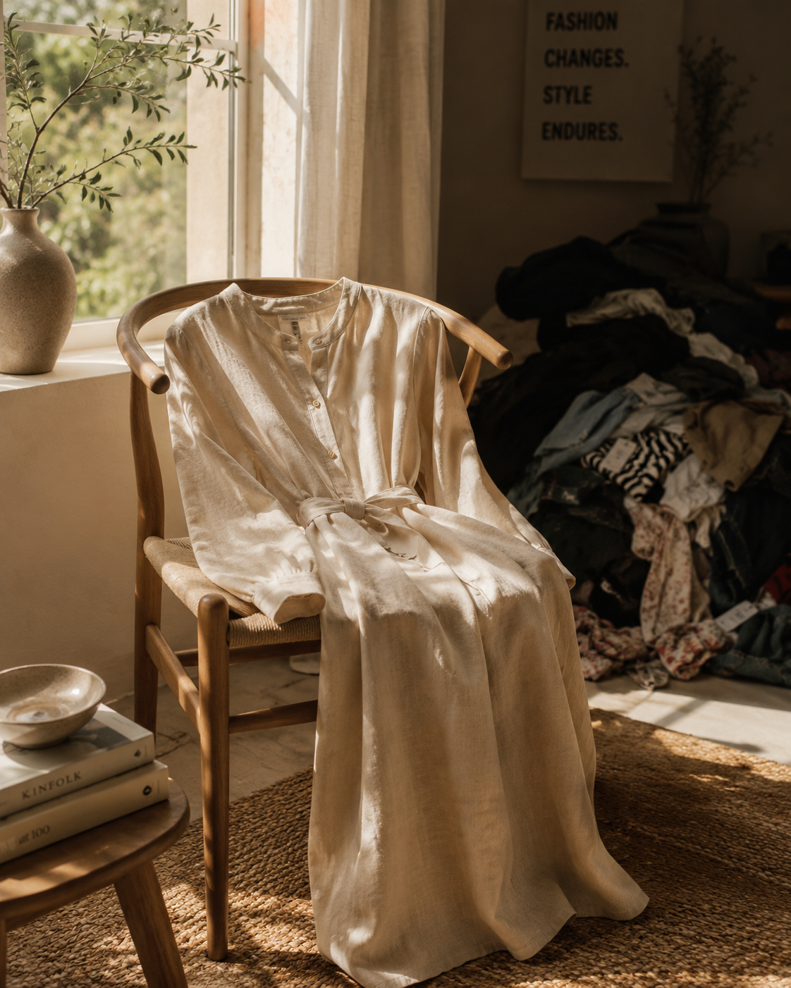 A linen dress draped over a wooden chair next to a pile of fast-fashion clothes