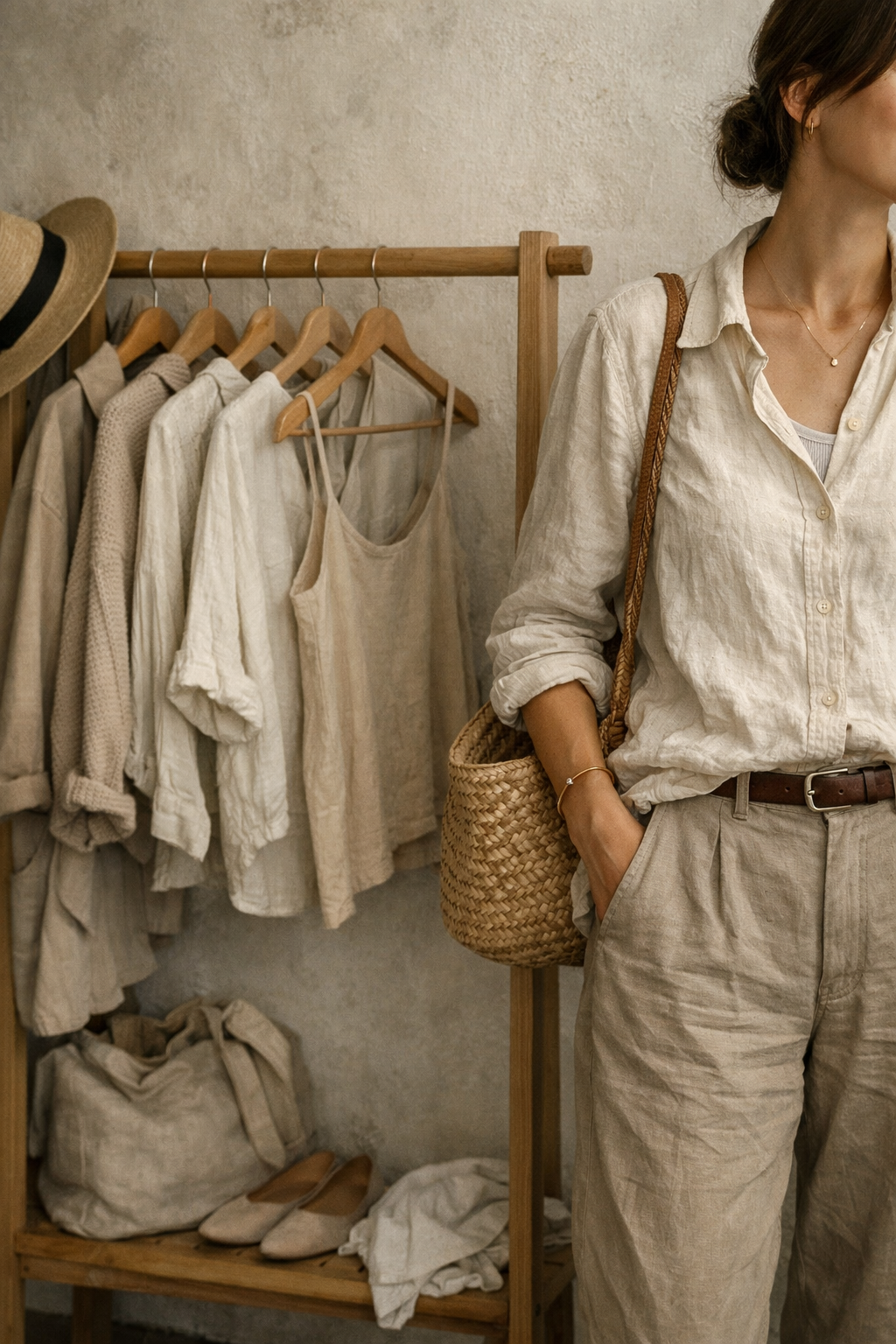 Woman in linen shirt next to a clothing rack of natural-toned pieces