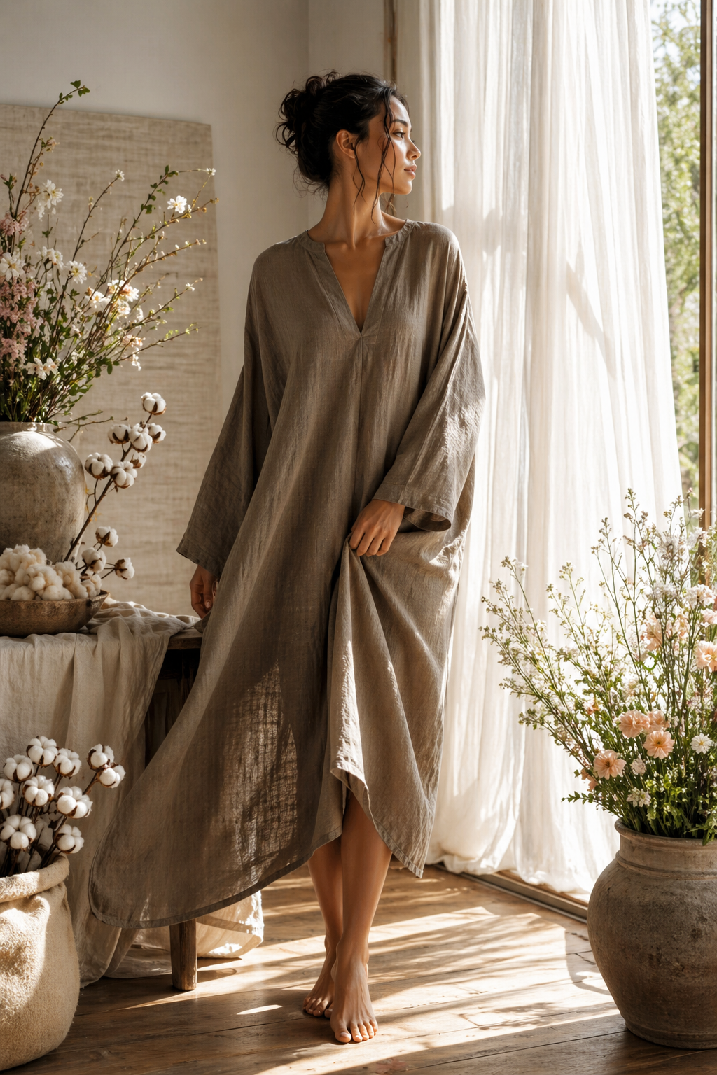 Woman wearing a natural linen dress standing by a window with flowers