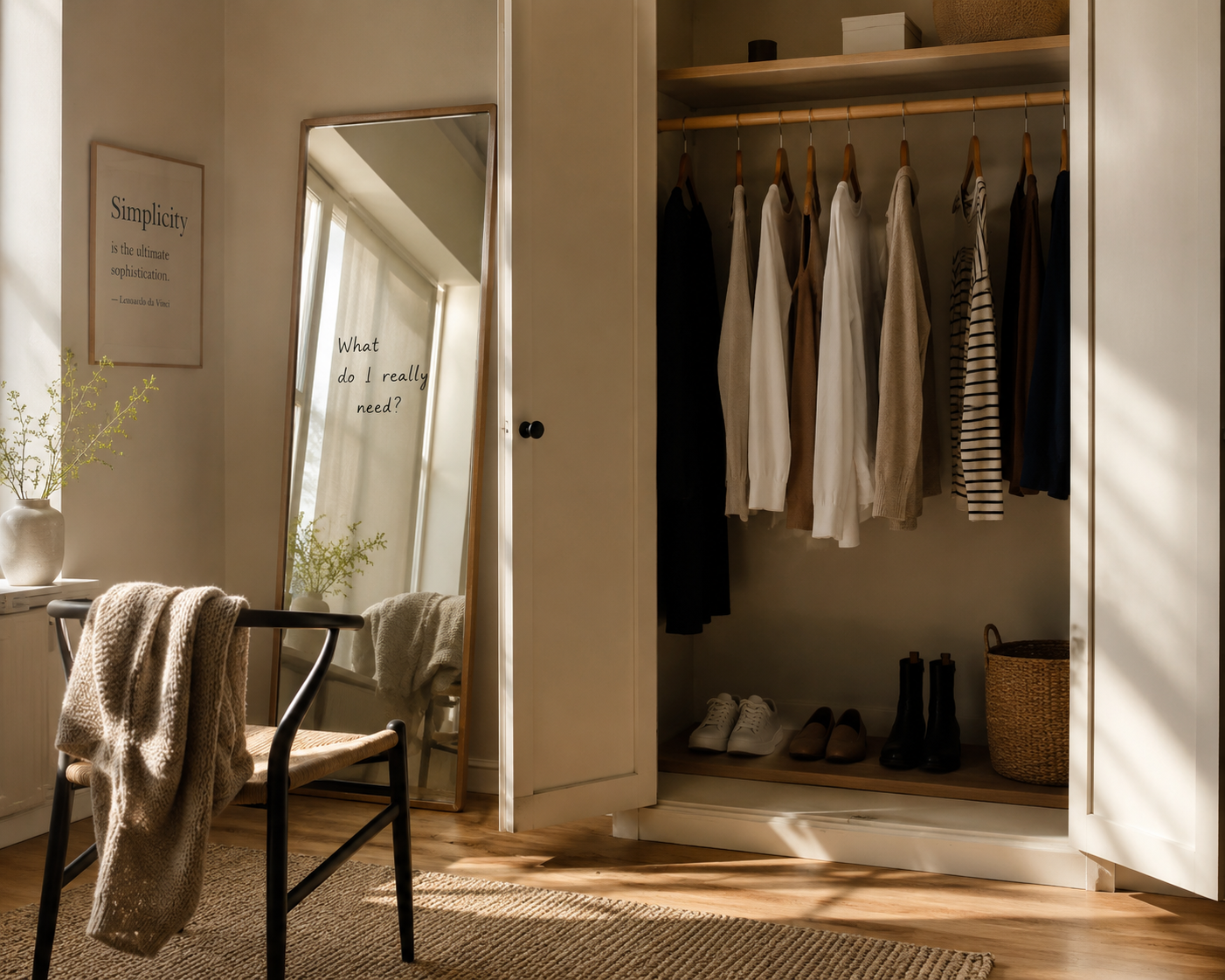 A neatly organized open wardrobe with hanging clothes, a floor mirror, and a chair with a knit throw