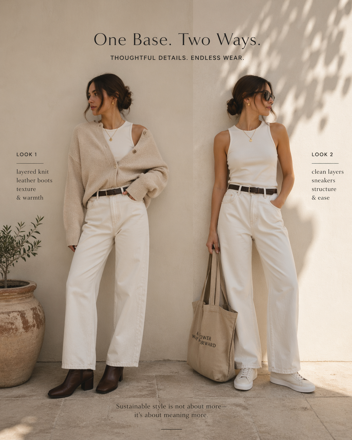 One Base. Two Ways. — two outfits styled from the same white base and cream trousers