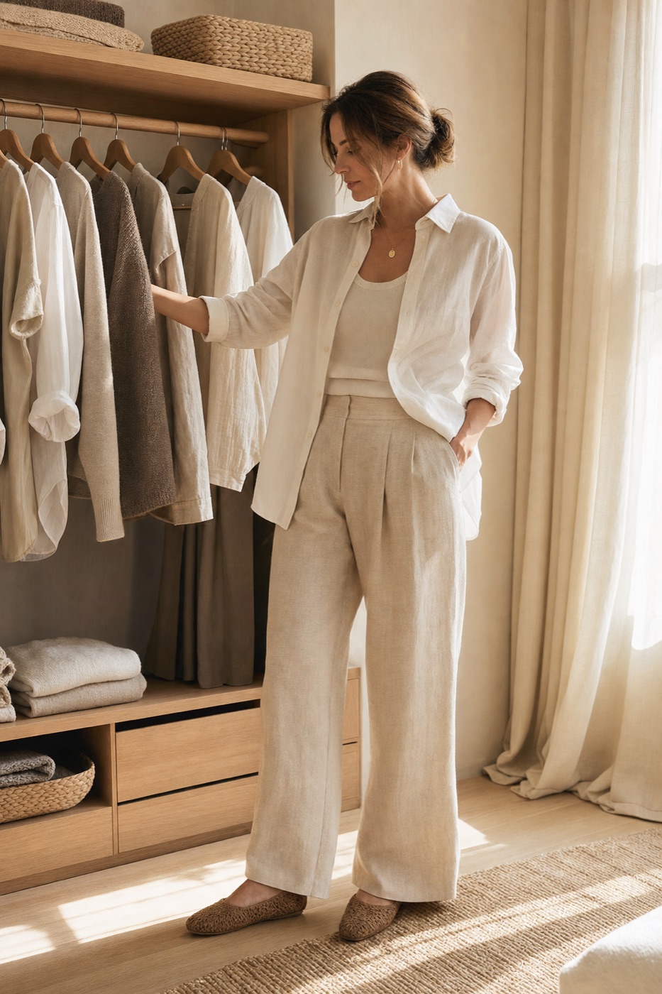 A woman browsing a rail of neutral linen clothing in her own sunlit closet